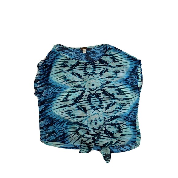 Copper Key Womens Top Blouse Sz L Sheer Blue & White Tie-dye Print Tie-Front - Picture 4 of 8